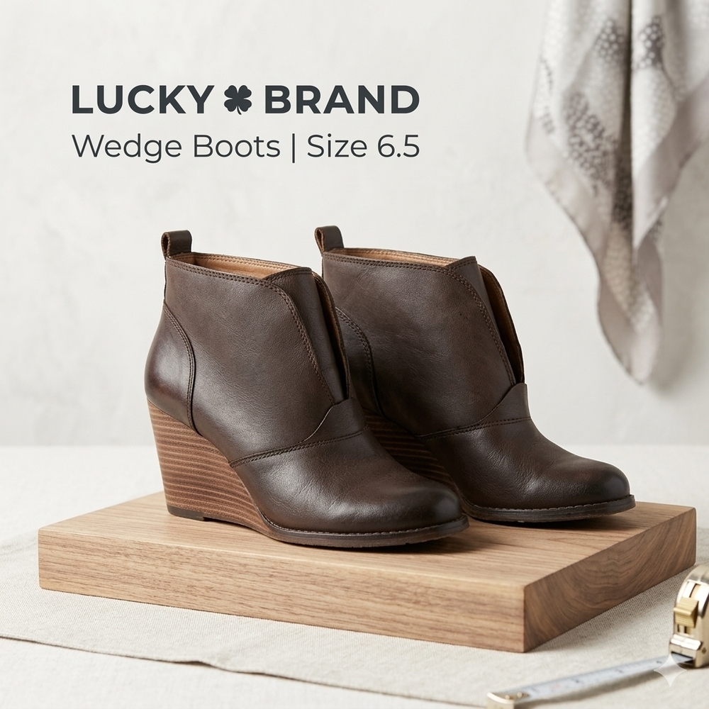 Lucky Brand Brown Leather Wedge Ankle Boots - Size 6.5